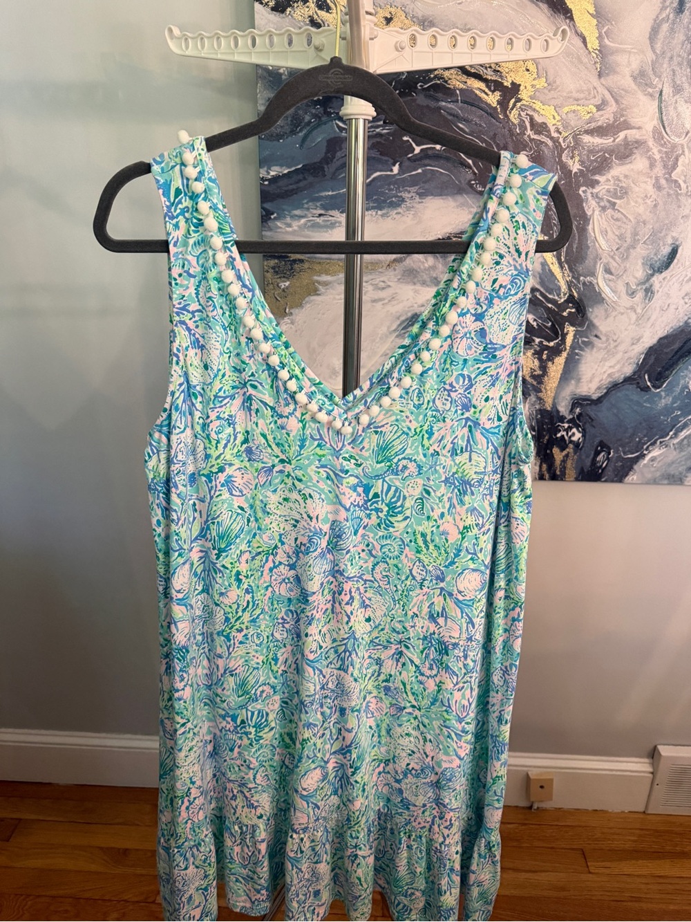 Lilly Pulitzer Pastel Blue Green Pink Pom-Pom Trim Dress